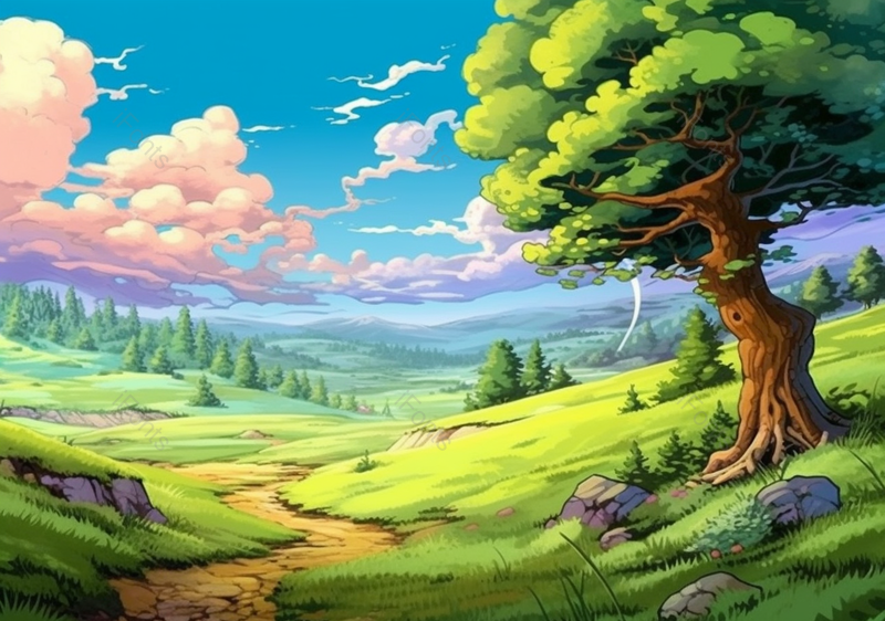 绿树农田蓝天白云手绘风景画,插画/手绘图,插画/手绘图库,插画/手绘图下载,插画/手绘